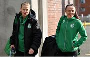 15 March 2025; Ruesha Littlejohn, left, and Áine O'Gorman of Shamrock Rovers before the SSE Airtricity Women's Premier Division match between Shamrock Rovers and Athlone Town at Tallaght Stadium in Dublin. Photo by Stephen Marken/Sportsfile