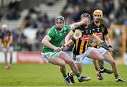 15 March 2025; Aidan O'Connor of Limerick in action against Mikey Butler, 2, and Shane Murphy of Kilkenny during the Allianz Hurling League Division 1A match between Kilkenny and Limerick at UPMC Nowlan Park in Kilkenny. Photo by Sam Barnes/Sportsfile