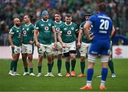 15 March 2025; Ireland players, from left, Jamison Gibson-Park, James Lowe, Ryan Baird, Jack Conan and Peter O’Mahony during the Guinness Six Nations Rugby Championship match between Italy and Ireland at the Stadio Olimpico in Rome, Italy. Photo by Seb Daly/Sportsfile