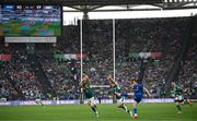 15 March 2025; Paolo Garbisi of Italy kicks under pressure from Garry Ringrose, left, and Jamison Gibson-Park of Ireland during the Guinness Six Nations Rugby Championship match between Italy and Ireland at the Stadio Olimpico in Rome, Italy. Photo by Ramsey Cardy/Sportsfile