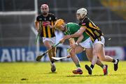 15 March 2025; Adam English of Limerick  in action against Jordan Molloy of Kilkenny during the Allianz Hurling League Division 1A match between Kilkenny and Limerick at UPMC Nowlan Park in Kilkenny. Photo by Sam Barnes/Sportsfile