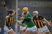 15 March 2025; Tom Morrissey of Limerick in action against Mikey Butler, left, and Huw Lawlor of Kilkenny during the Allianz Hurling League Division 1A match between Kilkenny and Limerick at UPMC Nowlan Park in Kilkenny. Photo by Sam Barnes/Sportsfile