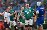 15 March 2025; Caelan Doris, left, and Peter O’Mahony of Ireland speak to referee Luke Pearce during the Guinness Six Nations Rugby Championship match between Italy and Ireland at the Stadio Olimpico in Rome, Italy. Photo by Ramsey Cardy/Sportsfile