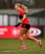 15 March 2025; Emma Morrissey of UCC celebrates after scoring her side's first goal during the 2025 Ladies AIG O’Connor Cup final match between DCU Dóchas Éireann and UCC at Queen's Sport, Queens University, Belfast. Photo by Ben McShane/Sportsfile