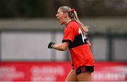 15 March 2025; Emma Morrissey of UCC celebrates after scoring her side's first goal during the 2025 Ladies AIG O’Connor Cup final match between DCU Dóchas Éireann and UCC at Queen's Sport, Queens University, Belfast. Photo by Ben McShane/Sportsfile