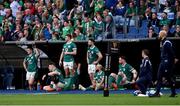 15 March 2025; Ireland players, from left, Josh van der Flier, Dan Sheehan, Jack Crowley, Robbie Henshaw, Jamison Gibson-Park and James Ryan watch on from the bench in the final moments during the Guinness Six Nations Rugby Championship match between Italy and Ireland at the Stadio Olimpico in Rome, Italy. Photo by Ramsey Cardy/Sportsfile