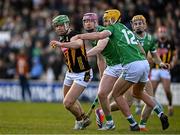 15 March 2025; Tommy Walsh of Kilkenny in action against Cathal O'Neill of Limerick during the Allianz Hurling League Division 1A match between Kilkenny and Limerick at UPMC Nowlan Park in Kilkenny. Photo by Sam Barnes/Sportsfile