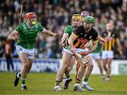 15 March 2025; Tommy Walsh of Kilkenny in action against Barry Nash, left, and Cathal O'Neill of Limerick during the Allianz Hurling League Division 1A match between Kilkenny and Limerick at UPMC Nowlan Park in Kilkenny. Photo by Sam Barnes/Sportsfile
