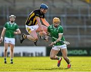 15 March 2025; Adam English of Limerick in action against John Donnelly of Kilkenny during the Allianz Hurling League Division 1A match between Kilkenny and Limerick at UPMC Nowlan Park in Kilkenny. Photo by Sam Barnes/Sportsfile