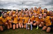 15 March 2025; DCU Dóchas Éireann players celebrate with the AIG O'Connor Cup after the 2025 Ladies AIG O’Connor Cup final match between DCU Dóchas Éireann and UCC at Queen's Sport, Queens University, Belfast. Photo by Ben McShane/Sportsfile