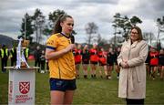 15 March 2025; DCU Dóchas Éireann captain Emma Duggan makes a speech after the 2025 Ladies AIG O’Connor Cup final match between DCU Dóchas Éireann and UCC at Queen's Sport, Queens University, Belfast. Photo by Ben McShane/Sportsfile