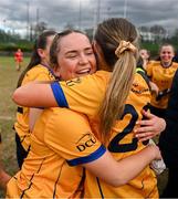 15 March 2025; Jenna Mortimer, right, and Aishling Hanly of DCU Dóchas Éireann celebrate after the 2025 Ladies AIG O’Connor Cup final match between DCU Dóchas Éireann and UCC at Queen's Sport, Queens University, Belfast. Photo by Ben McShane/Sportsfile