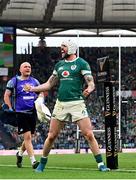 15 March 2025; Mack Hansen of Ireland celebrates his side's fourth try, scored by Dan Sheehan, during the Guinness Six Nations Rugby Championship match between Italy and Ireland at the Stadio Olimpico in Rome, Italy. Photo by Ramsey Cardy/Sportsfile