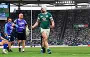 15 March 2025; Mack Hansen of Ireland celebrates his side's fourth try, scored by Dan Sheehan, during the Guinness Six Nations Rugby Championship match between Italy and Ireland at the Stadio Olimpico in Rome, Italy. Photo by Ramsey Cardy/Sportsfile