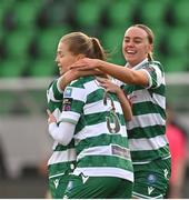 15 March 2025; Ruesha Littlejohn of Shamrock Rovers, centre, is congratulated by teammates after scoring her side's first goal during the SSE Airtricity Women's Premier Division match between Shamrock Rovers and Athlone Town at Tallaght Stadium in Dublin. Photo by Stephen Marken/Sportsfile