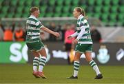 15 March 2025; Ruesha Littlejohn of Shamrock Rovers, right, is congratulated by Jaime Thompson after scoring her side's first goal during the SSE Airtricity Women's Premier Division match between Shamrock Rovers and Athlone Town at Tallaght Stadium in Dublin. Photo by Stephen Marken/Sportsfile
