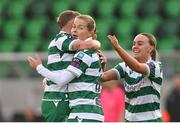 15 March 2025; Ruesha Littlejohn of Shamrock Rovers, centre, is congratulated by teammates after scoring her side's first goal during the SSE Airtricity Women's Premier Division match between Shamrock Rovers and Athlone Town at Tallaght Stadium in Dublin. Photo by Stephen Marken/Sportsfile