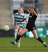15 March 2025; Emily Corbet of Shamrock Rovers in action against Maddie Gibson of Athlone Town during the SSE Airtricity Women's Premier Division match between Shamrock Rovers and Athlone Town at Tallaght Stadium in Dublin. Photo by Stephen Marken/Sportsfile