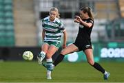 15 March 2025; Emily Corbet of Shamrock Rovers in action against Maddie Gibson of Athlone Town during the SSE Airtricity Women's Premier Division match between Shamrock Rovers and Athlone Town at Tallaght Stadium in Dublin. Photo by Stephen Marken/Sportsfile