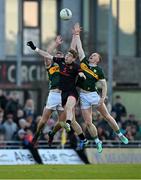 15 March 2025; Andrew Murnin of Armagh contests a kickout with Diarmuid O'Connor and Jason Foley of Kerry during the Allianz Football League Division 1 match between Kerry and Armagh at Austin Stack Park in Tralee, Kerry. Photo by Brendan Moran/Sportsfile