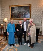 15 March 2025; President of Ireland Michael D Higgins and wife Sabina with John Aldridge and wife Joan of the Republic of Ireland squad from the Italia 1990 FIFA World Cup at Áras an Uachtaráin in Dublin. Photo by Stephen McCarthy/Sportsfile
