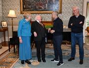 15 March 2025; President of Ireland Michael D Higgins and wife Sabina with Chris Hughton and team captain Mick McCarthy, right, of the Republic of Ireland squad from the Italia 1990 FIFA World Cup at Áras an Uachtaráin in Dublin. Photo by Stephen McCarthy/Sportsfile