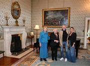 15 March 2025; President of Ireland Michael D Higgins and wife Sabina with Chris Morris and wife Paula of the Republic of Ireland squad from the Italia 1990 FIFA World Cup at Áras an Uachtaráin in Dublin. Photo by Stephen McCarthy/Sportsfile