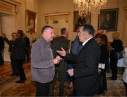 15 March 2025; John Aldridge and Bernie Slaven of the Republic of Ireland squad from the Italia 1990 FIFA World Cup during a visit to Áras an Uachtaráin in Dublin, hosted by President of Ireland Michael D Higgins. Photo by Stephen McCarthy/Sportsfile