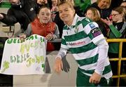 15 March 2025; Ruesha Littlejohn of Shamrock Rovers with supporters after the SSE Airtricity Women's Premier Division match between Shamrock Rovers and Athlone Town at Tallaght Stadium in Dublin. Photo by Stephen Marken/Sportsfile