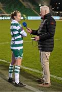 15 March 2025; Ruesha Littlejohn of Shamrock Rovers speaks to Pat Costelloe of RTE after the SSE Airtricity Women's Premier Division match between Shamrock Rovers and Athlone Town at Tallaght Stadium in Dublin. Photo by Stephen Marken/Sportsfile