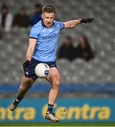 15 March 2025; Seán Bugler of Dublin shoots to score his side's first goal during the Allianz Football League Division 1 match between Dublin and Galway at Croke Park in Dublin. Photo by Piaras Ó Mídheach/Sportsfile