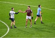 15 March 2025; Dublin goalkeeper Stephen Cluxton shakes hands with Cillian McDaid of Galway aftter the Allianz Football League Division 1 match between Dublin and Galway at Croke Park in Dublin. Photo by Piaras Ó Mídheach/Sportsfile