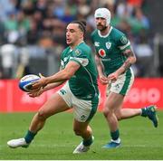 15 March 2025; James Lowe, left, and Mack Hansen of Ireland during the Guinness Six Nations Rugby Championship match between Italy and Ireland at the Stadio Olimpico in Rome, Italy. Photo by Ramsey Cardy/Sportsfile