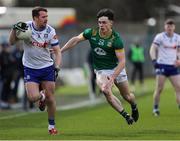 16 March 2025; Ryan Wylie of Monaghan of Monaghan in action against Eoin Harkin of Meath during the Allianz Football League Division 2 match between Meath and Monaghan at Páirc Tailteann in Navan, Meath. Photo by Thomas Flinkow/Sportsfile