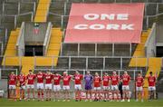 16 March 2025; The Cork team stand for Amhrán na bhFiann before the Allianz Football League Division 2 match between Cork and Louth at SuperValu Páirc Uí Chaoimh in Cork. Photo by Brendan Moran/Sportsfile