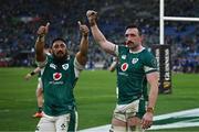 15 March 2025; Ireland players Bundee Aki, left, and Jack Conan after the Guinness Six Nations Rugby Championship match between Italy and Ireland at the Stadio Olimpico in Rome, Italy. Photo by Seb Daly/Sportsfile