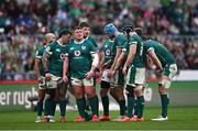 15 March 2025; Ireland players, from left, Jamison Gibson-Park, Andrew Porter, Tadhg Furlong, Joe McCarthy, Tadhg Beirne and Caelan Doris during the Guinness Six Nations Rugby Championship match between Italy and Ireland at the Stadio Olimpico in Rome, Italy. Photo by Seb Daly/Sportsfile