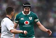 15 March 2025; Ireland captain Caelan Doris and referee Luke Pearce during the Guinness Six Nations Rugby Championship match between Italy and Ireland at the Stadio Olimpico in Rome, Italy. Photo by Seb Daly/Sportsfile