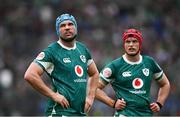 15 March 2025; Ireland players Tadhg Beirne, left, and Josh van der Flier during the Guinness Six Nations Rugby Championship match between Italy and Ireland at the Stadio Olimpico in Rome, Italy. Photo by Seb Daly/Sportsfile