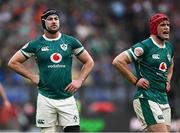 15 March 2025; Ireland players Caelan Doris, left, and Josh van der Flier during the Guinness Six Nations Rugby Championship match between Italy and Ireland at the Stadio Olimpico in Rome, Italy. Photo by Seb Daly/Sportsfile