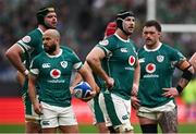 15 March 2025; Ireland players, from left, James Ryan, Jamison Gibson-Park, Caelan Doris and Andrew Porter during the Guinness Six Nations Rugby Championship match between Italy and Ireland at the Stadio Olimpico in Rome, Italy. Photo by Seb Daly/Sportsfile