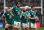 15 March 2025; Ireland players James Ryan, Jamison Gibson-Park and Jack Crowley during the Guinness Six Nations Rugby Championship match between Italy and Ireland at the Stadio Olimpico in Rome, Italy. Photo by Seb Daly/Sportsfile