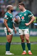 15 March 2025; Ireland players Jack Crowley, right, and Jamison Gibson-Park during the Guinness Six Nations Rugby Championship match between Italy and Ireland at the Stadio Olimpico in Rome, Italy. Photo by Seb Daly/Sportsfile