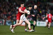 16 March 2025; Sam Callinan of Mayo in action against Conor Doherty of Derry during the Allianz Football League Division 1 match between Derry and Mayo at Celtic Park in Derry. Photo by Ben McShane/Sportsfile