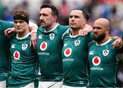 15 March 2025; Ireland players, from left, Josh van der Flier, Jack Conan, James Lowe and Jamison Gibson-Park before the Guinness Six Nations Rugby Championship match between Italy and Ireland at the Stadio Olimpico in Rome, Italy. Photo by Seb Daly/Sportsfile