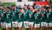 15 March 2025; Ireland players, from left, Tadhg Beirne, Conor Murray, James Ryan, Josh van der Flier, Jack Conan, James Lowe, Jamison Gibson-Park, Garry Ringrose, and Hugo Keenan before the Guinness Six Nations Rugby Championship match between Italy and Ireland at the Stadio Olimpico in Rome, Italy. Photo by Seb Daly/Sportsfile