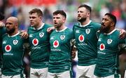 15 March 2025; Ireland players, from left, Jamison Gibson-Park, Garry Ringrose, Hugo Keenan, Robbie Henshaw and Bundee Aki before the Guinness Six Nations Rugby Championship match between Italy and Ireland at the Stadio Olimpico in Rome, Italy. Photo by Seb Daly/Sportsfile