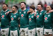 15 March 2025; Ireland players, from left, Tadhg Beirne, Conor Murray, James Ryan, Josh van der Flier, Jack Conan and James Lowe before the Guinness Six Nations Rugby Championship match between Italy and Ireland at the Stadio Olimpico in Rome, Italy. Photo by Seb Daly/Sportsfile