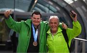 16 March 2025; Floorball Bronze medal winner Jack Buckley of Team Ireland, a member of Mallow Special Olympics Club, Mallow, Cork, is welcomed home by his dad Mick on his arrival at Dublin airport after competing in the Turin 2025 Special Olympics World Winter Games in Italy. Photo by Ray McManus/Sportsfile