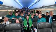 16 March 2025; Captain Ray Kelly, First officer, Robert Maguire, Sinéad Costello, Head of Delegation, Tony Kinnane, Senior cabin crew member, athletes and coaches with Aer Lingus staff on arrival at Dublin airport after competing in the Turin 2025 Special Olympics World Winter Games in Italy. Photo by Ray McManus/Sportsfile